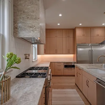 Gourmet kitchen detail with gas cooktop and statement range hood
